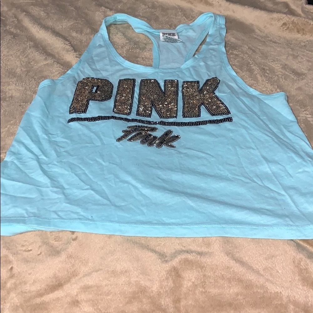 Baby blue gold sequence muscle pink tank - Picture 1 of 3